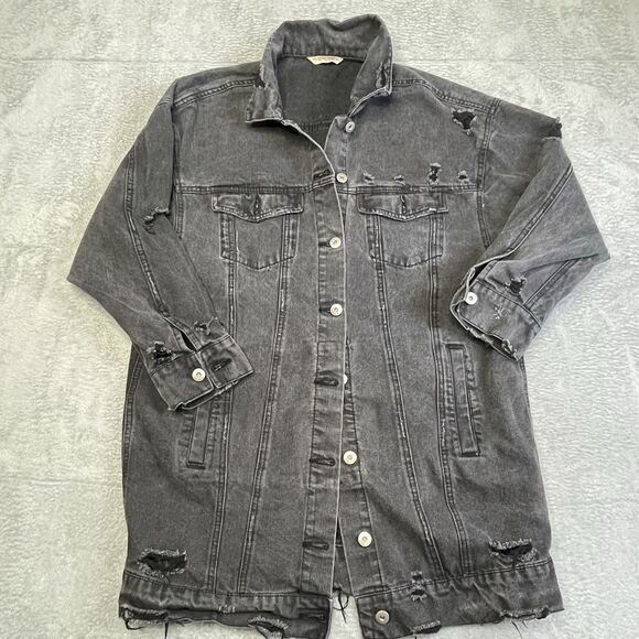 Highway Jeans Denim Black Jacket Women Size Large Distressed Oversized Long Coat - Picture 13 of 15